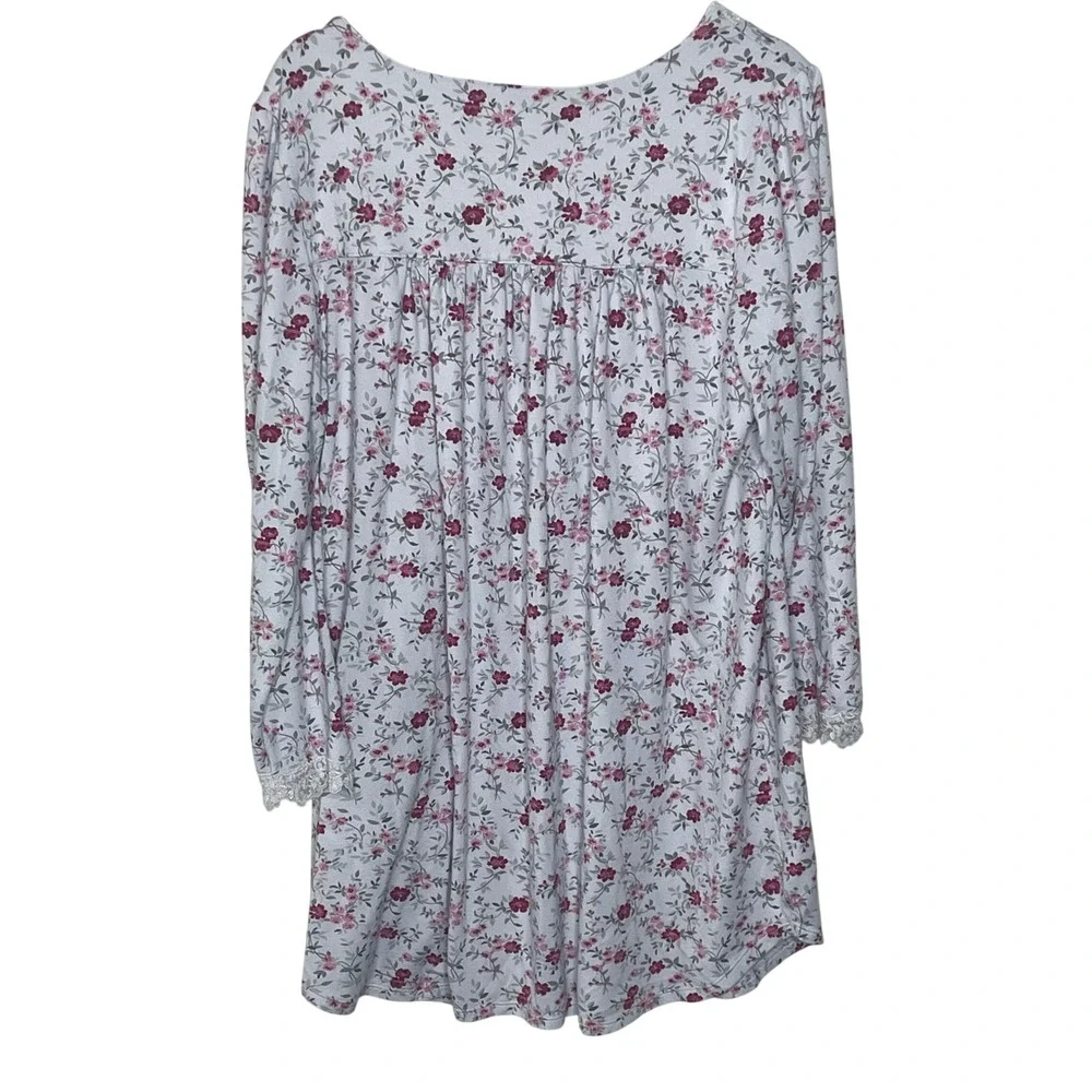 Eileen West Floral Lace Trim Long Sleeve Nightgown Pink White‎ Ribbed Knit Large
